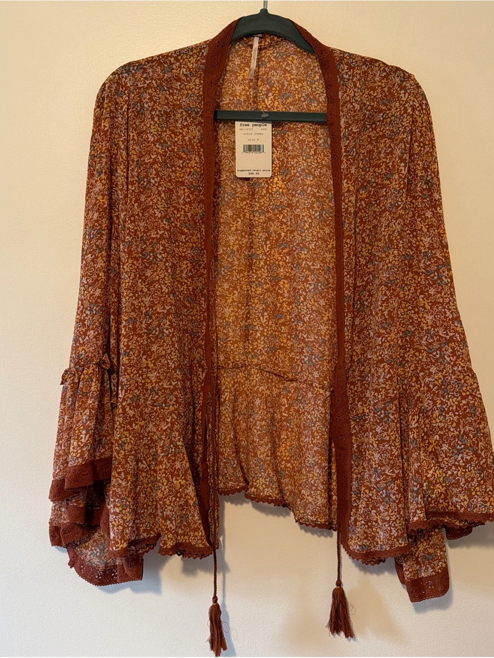 Free People Rust Multi Floral Tassel Kimono Cardigan